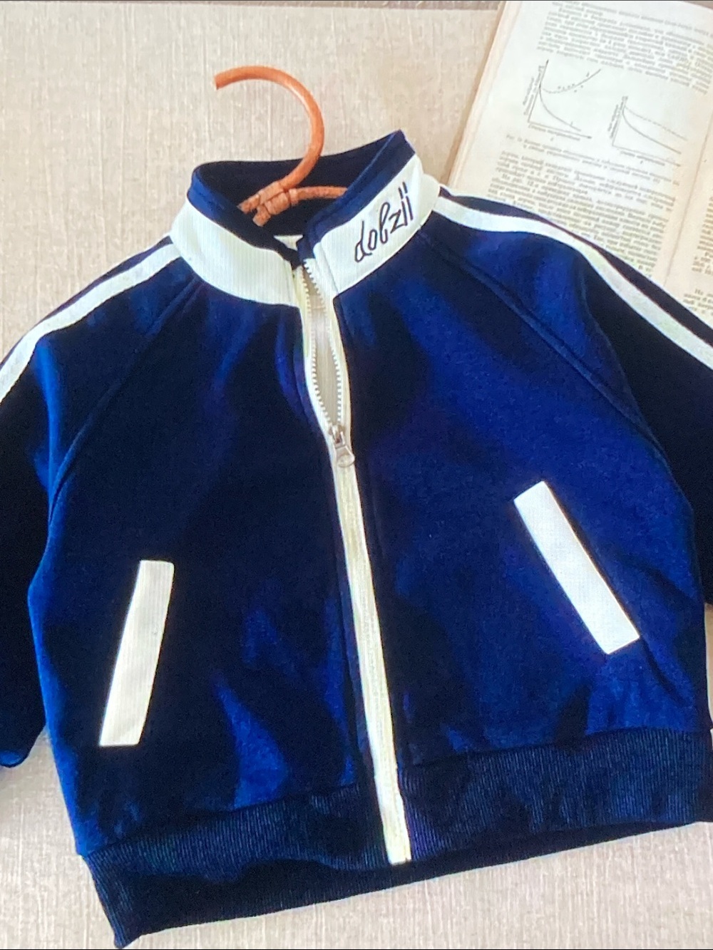 Bernardo Navy Blue Kids Zip-Up Puffer Jacket with White Trim